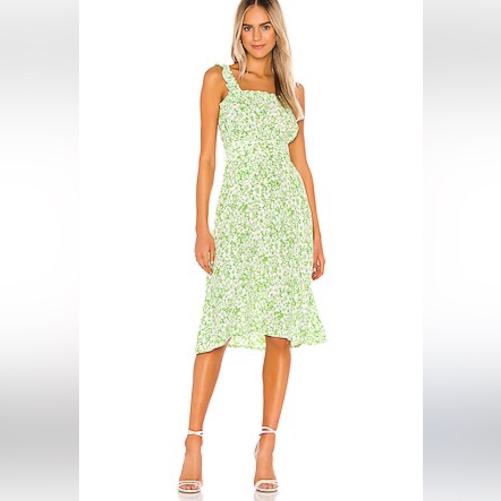 Faithfull the Brand Green Floral Ruffle Midi Dress